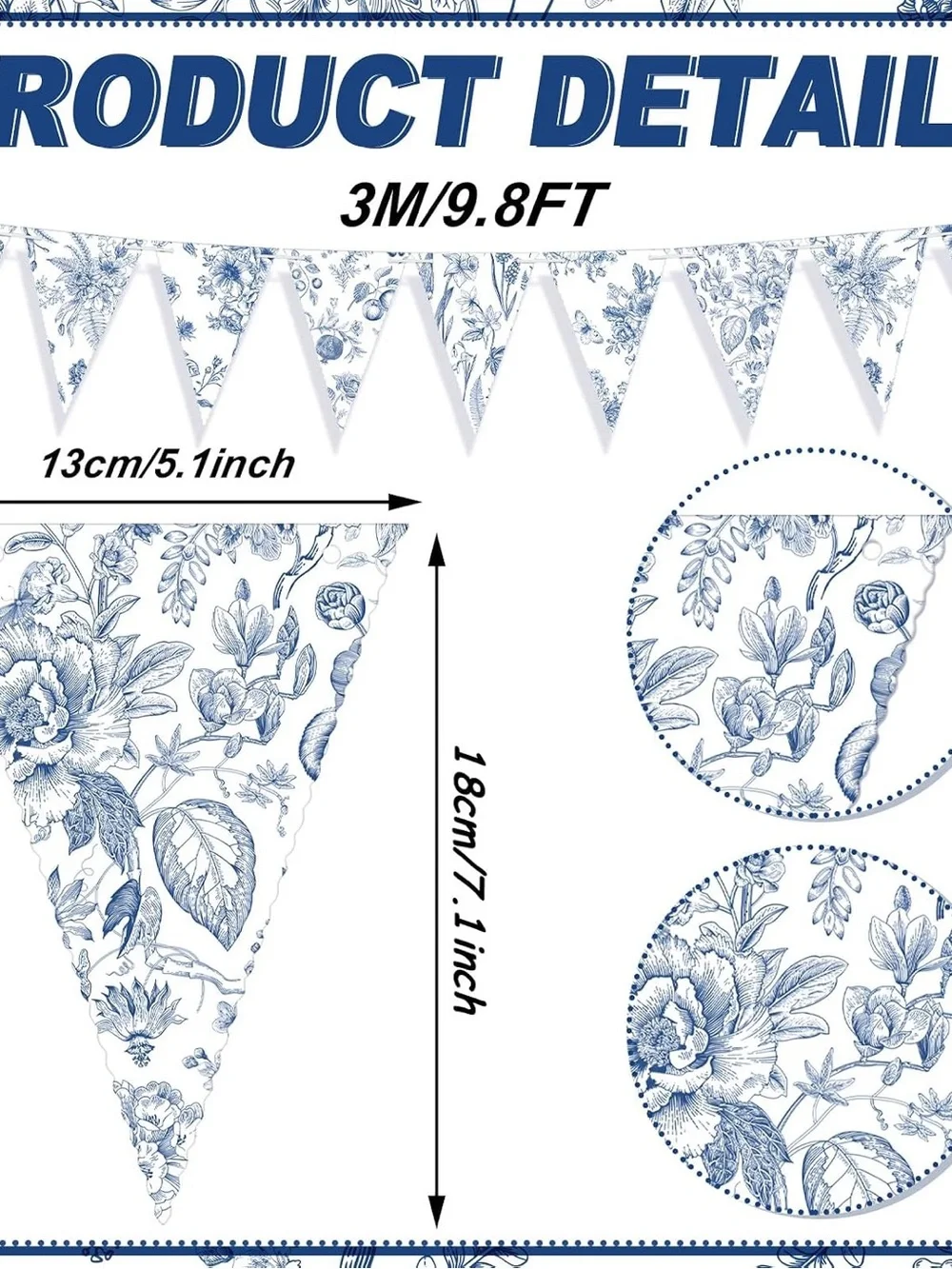 5 pack of Blue Floral Triangle Bunting Banner - Home Party Supplies